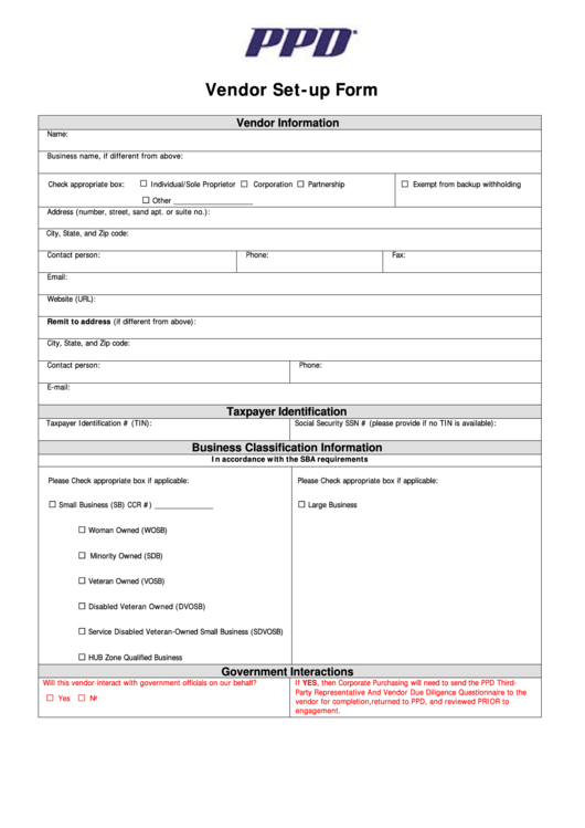 Ppd Vendor Set Up Form Printable pdf