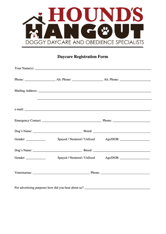 Sample Doggy Daycare Registration Form Printable Pdf Download