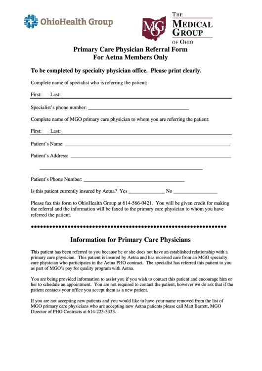 Primary Care Physician Referral Form For Aetna Members Printable pdf