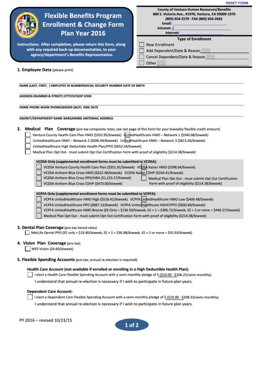 Fillable Flexible Benefits Program Enrollment And Change Form Printable pdf