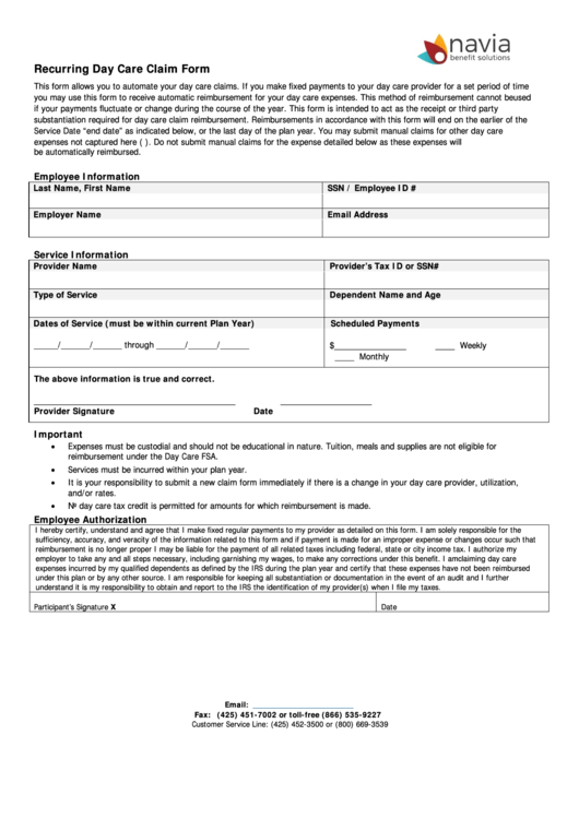 Fillable Recurring Day Care Claim Form Printable pdf