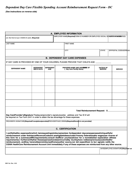 Dependent Day Care Flexible Spending Account Reimbursement Request Form - Dc