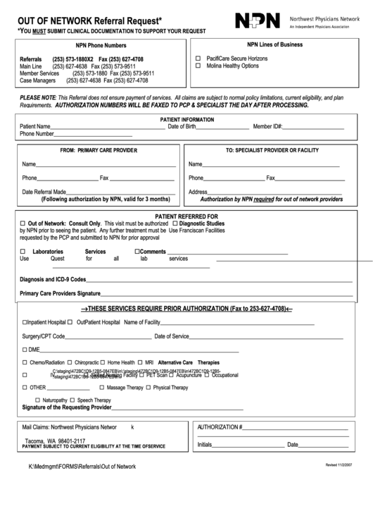 Out Of Network Referral Request Printable pdf