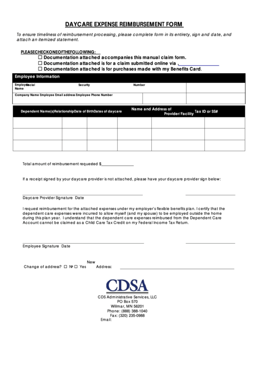 Daycare Expense Reimbursement Form Printable pdf