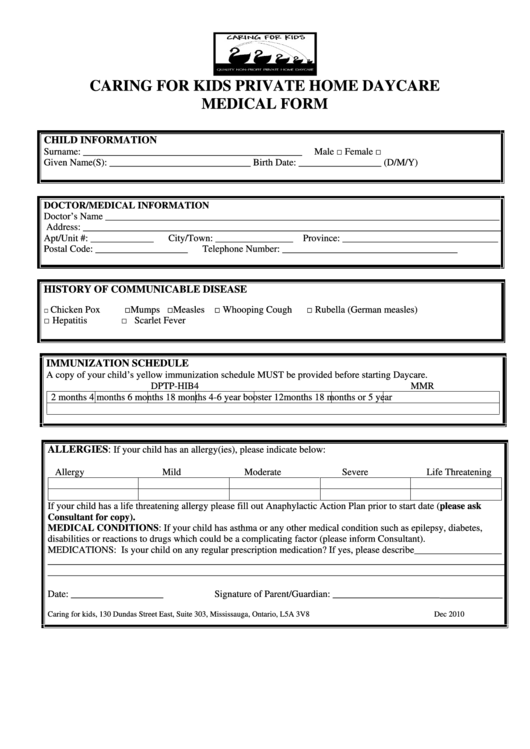 Caring For Kids Private Home Daycare Medical Form Printable pdf