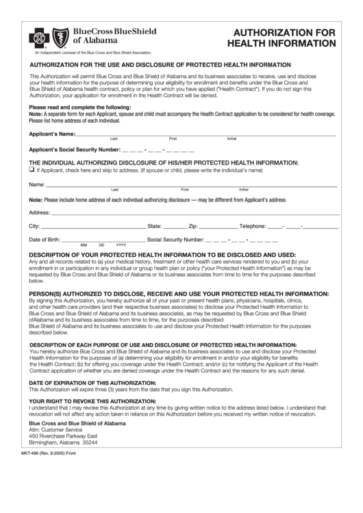 Form Mkt-496 - Bcbs Authorization For Health Information Printable pdf