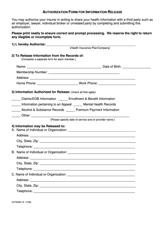 Form Cut6556-1e - Bcbs Authorization Form For Information Release Printable pdf