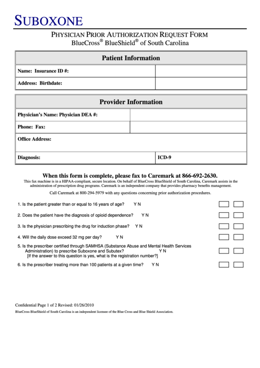 Bcbs Suboxone Physician Prior Authorization Request Form Printable pdf