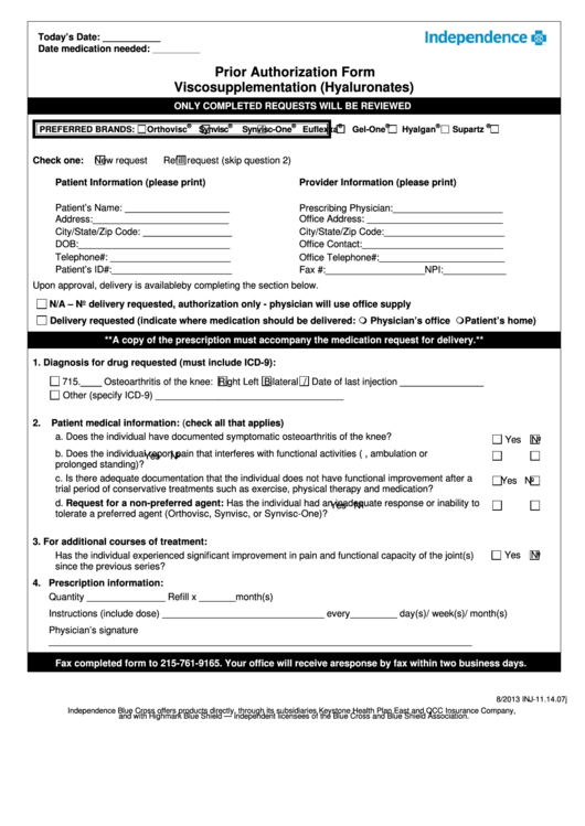 Independence Prior Authorization Form Viscosupplementation (Hyaluronates) Printable pdf