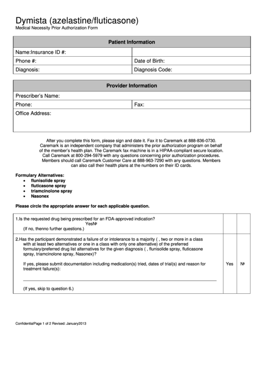 Dymista (azelastine/fluticasone) Medical Necessity Prior Authorization Form