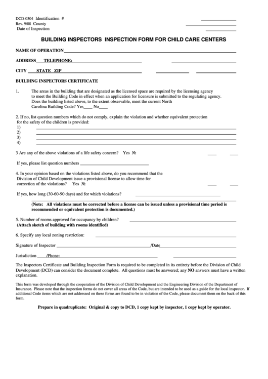 Building Inspectors Inspection Form For Child Care Centers Printable pdf