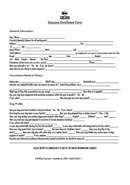 Daycare Enrollment Form Printable pdf