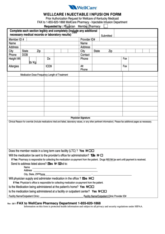 Fillable Wellcare Injectable Infusion Form - Prior Authorization Request For Wellcare Of Kentucky Medicaid Printable pdf