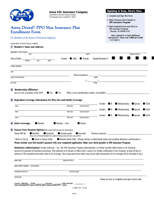 Aetna Dental Ppo Max Insurance Plan Enrollment Form Printable pdf
