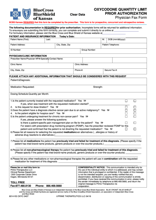 Form 6014 Ks Oxyc 0407 - Oxycodone Quantity Limit Prior Authorization Physician Fax Form
