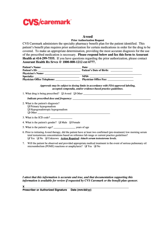 Cvs Aveed Prior Authorization Request Form Printable pdf