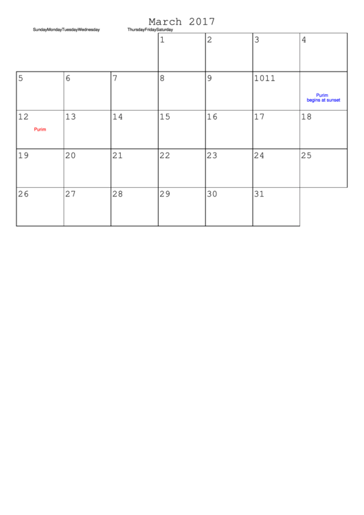 March 2017 Calendar Template Printable pdf
