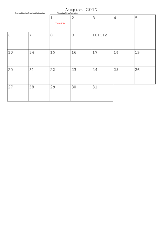 August 2017 Calendar Template Printable pdf