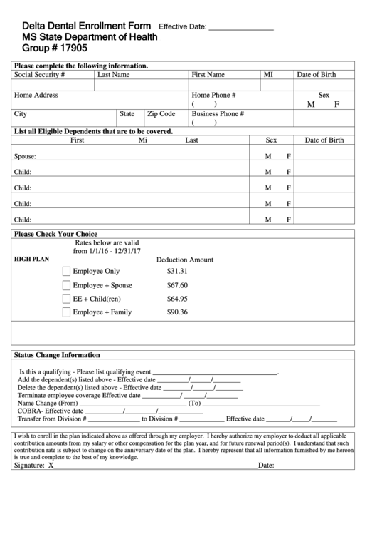 Delta Dental Fillable Enrollment Form Printable Forms Free Online