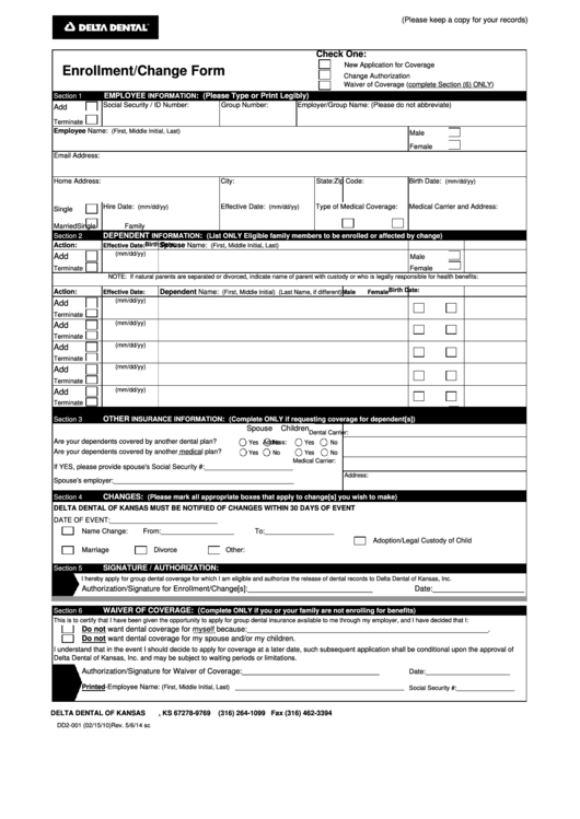 Fillable Form Dd2-001 - Enrollment Change Form Delta Dental Printable pdf