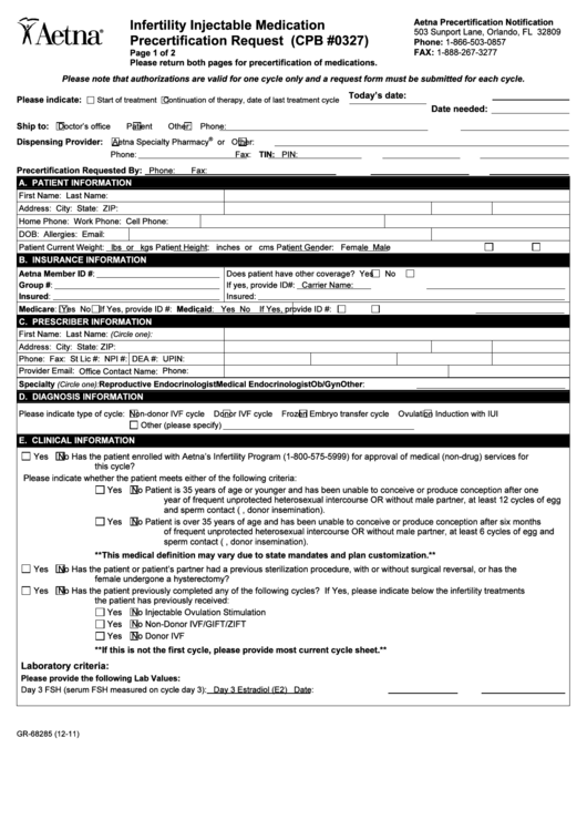 Fillable Form Gr-68285 - Aetha Infertility Injectable Medication Precertification Request Form Printable pdf