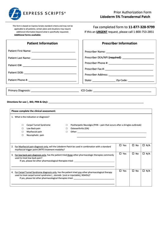 Express Scripts Prior Authorization Form Lidoderm 5 Transdermal