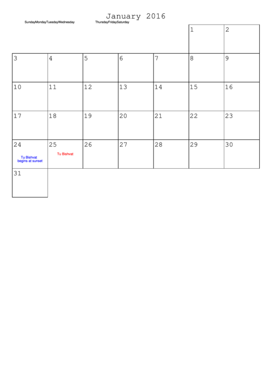 January 2016 Monthly Calendar Template Printable pdf