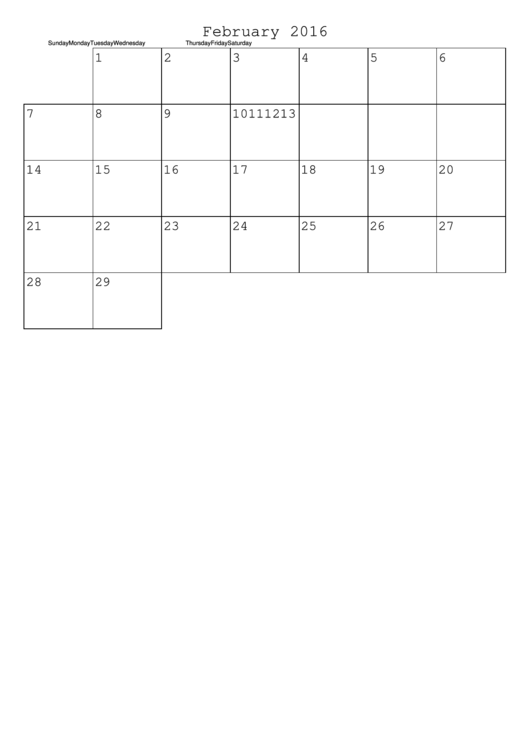 February 2016 Monthly Calendar Template Printable pdf