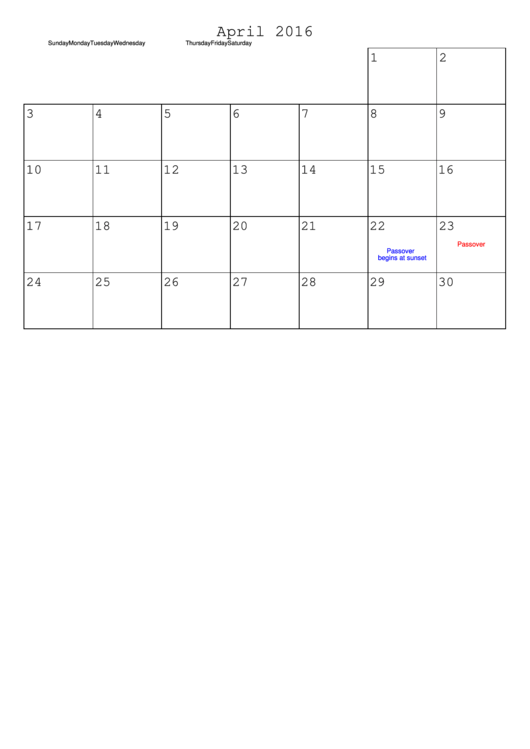April 2016 Monthly Calendar Template Printable pdf