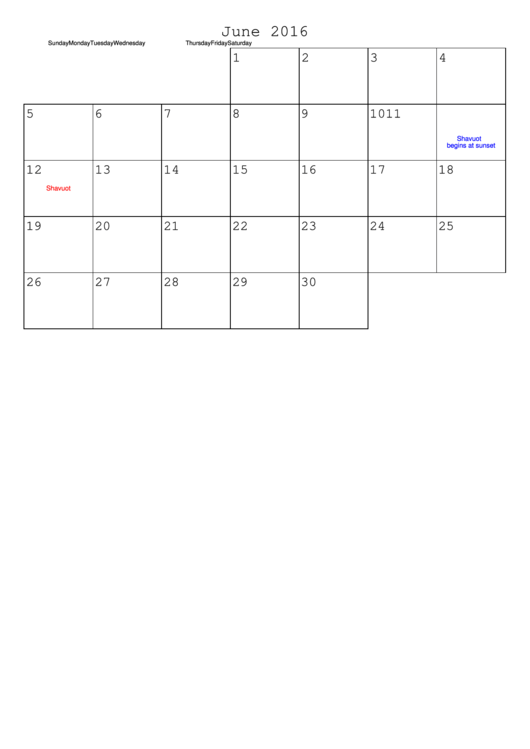 June 2016 Monthly Calendar Template Printable pdf