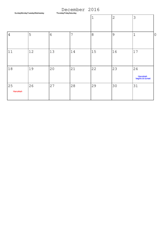December 2016 Monthly Calendar Template
