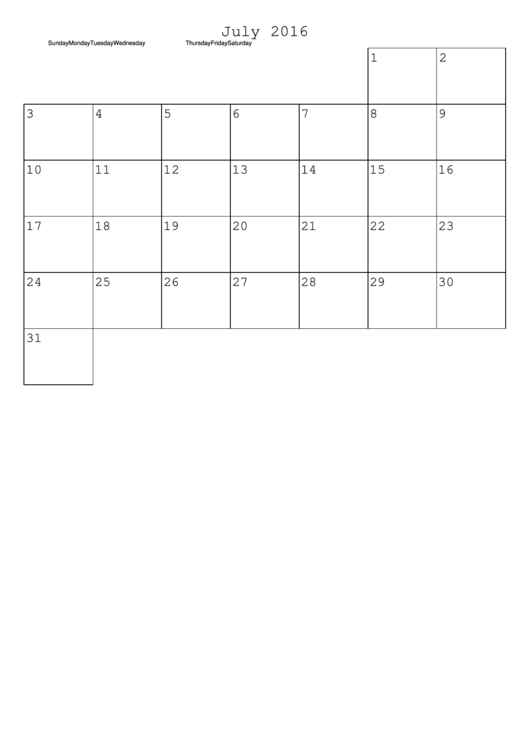 July 2016 Monthly Calendar Template Printable pdf