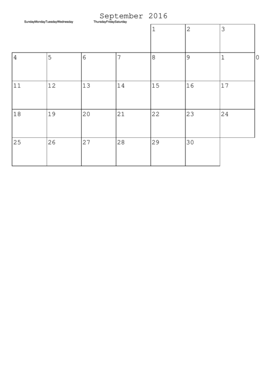 September 2016 Monthly Calendar Template Printable pdf