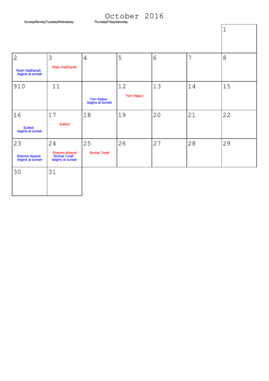 October 2016 Monthly Calendar Template