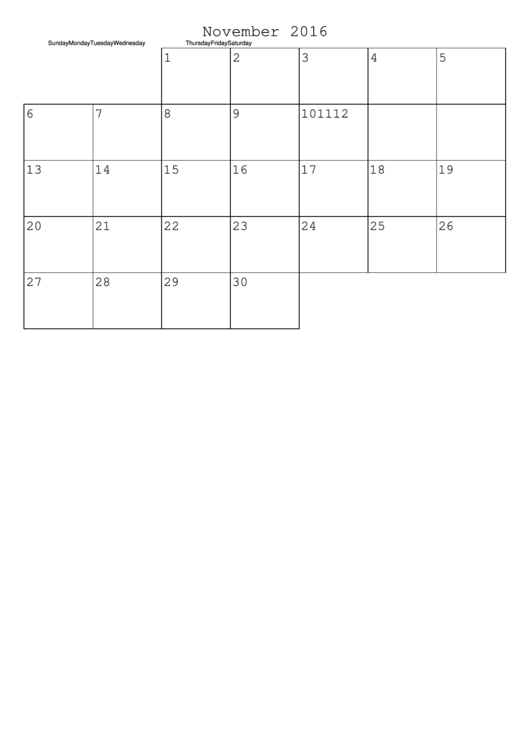 November 2016 Monthly Calendar Template Printable pdf