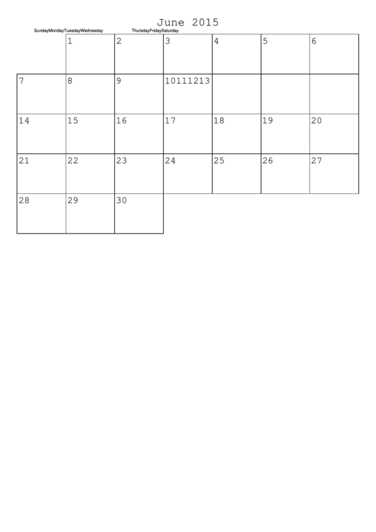 June 2015 Monthly Calendar Template