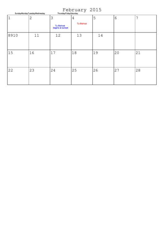 February 2015 Monthly Calendar Template Printable pdf