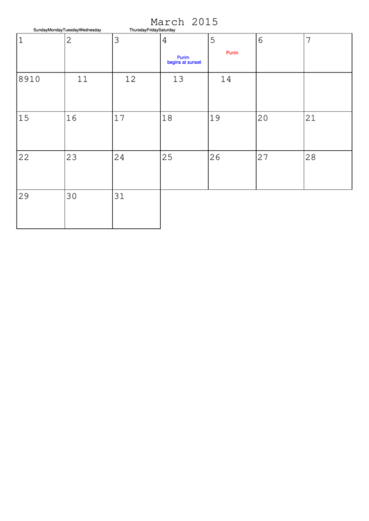 March 2015 Monthly Calendar Template