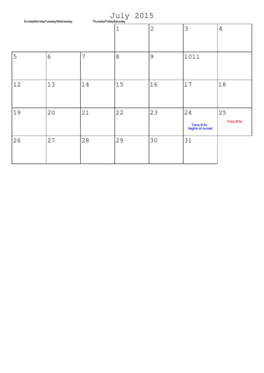 July 2015 Monthly Calendar Template