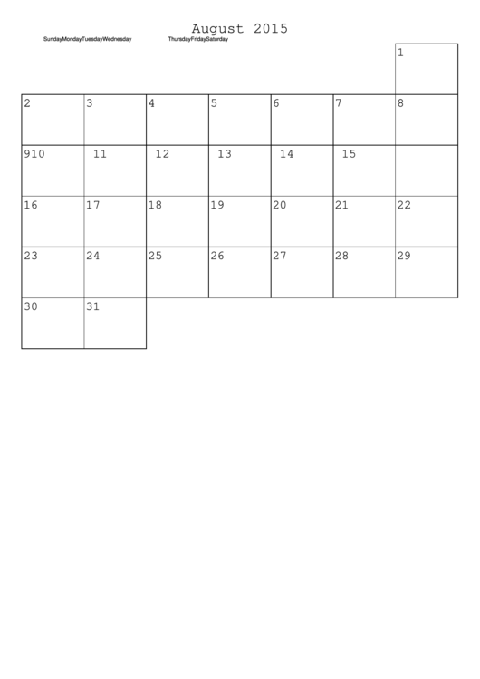 August 2015 Monthly Calendar Template Printable pdf