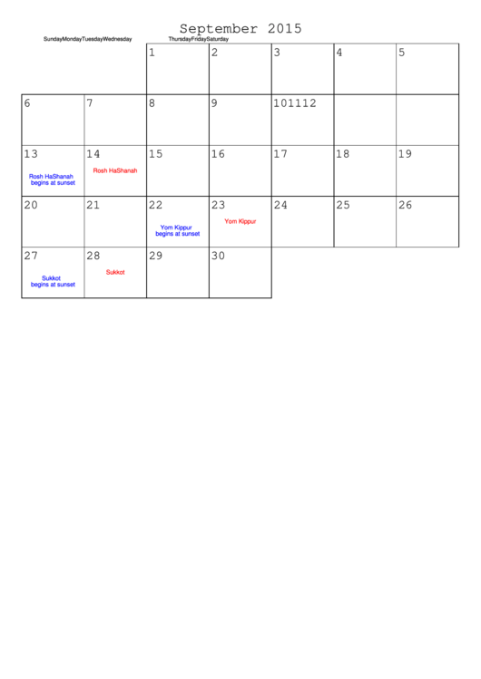 September 2015 Monthly Calendar Template