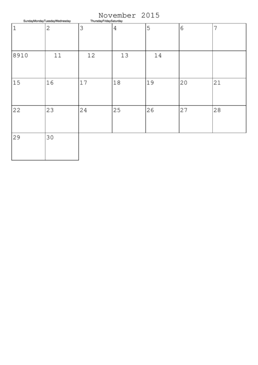 November 2015 Monthly Calendar Template
