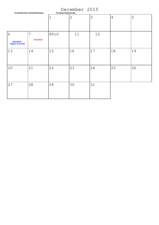 December 2015 Monthly Calendar Template