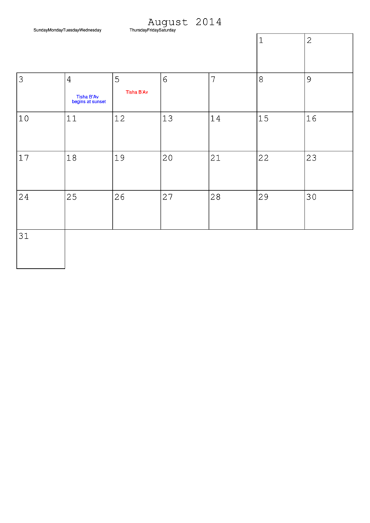 August 2014 Calendar Template Printable pdf