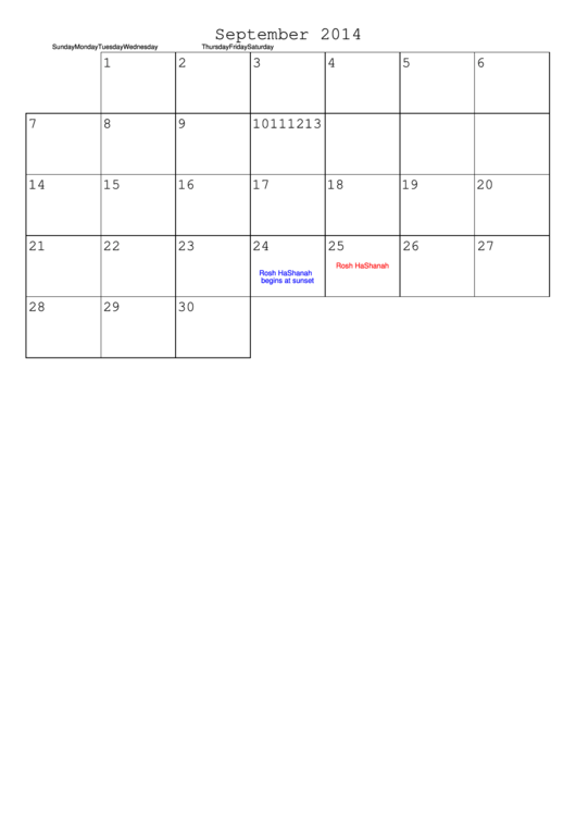 September 2014 Calendar Template Printable pdf