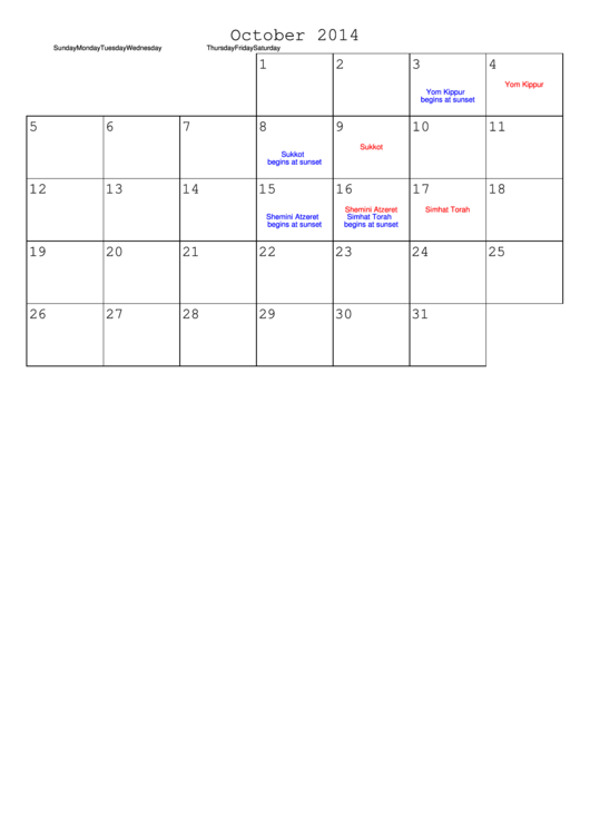 October 2014 Calendar Template Printable pdf
