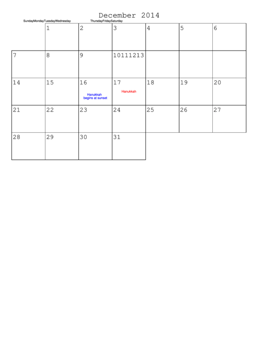 December 2014 Calendar Template Printable pdf