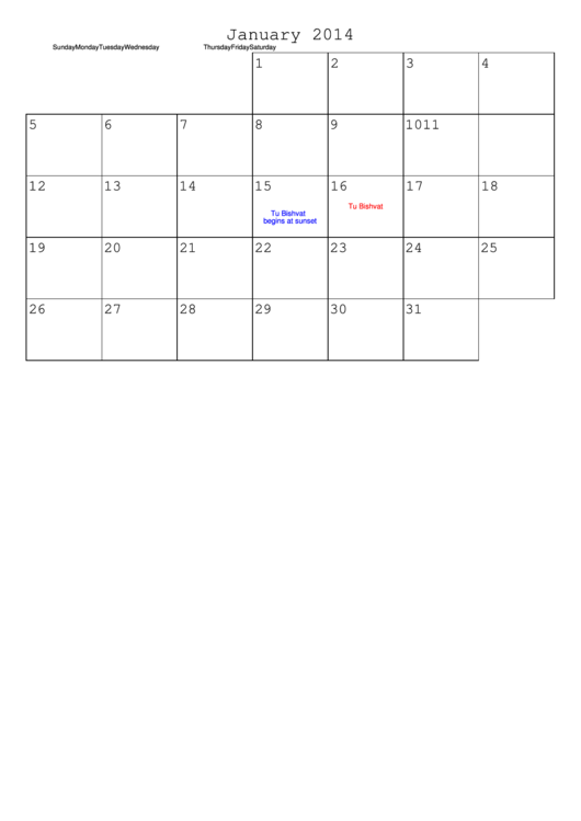 January 2014 Calendar Template Printable pdf