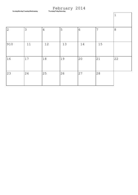 February 2014 Calendar Template Printable pdf