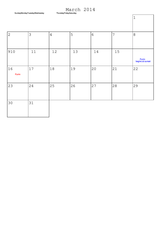 March 2014 Calendar Template Printable pdf